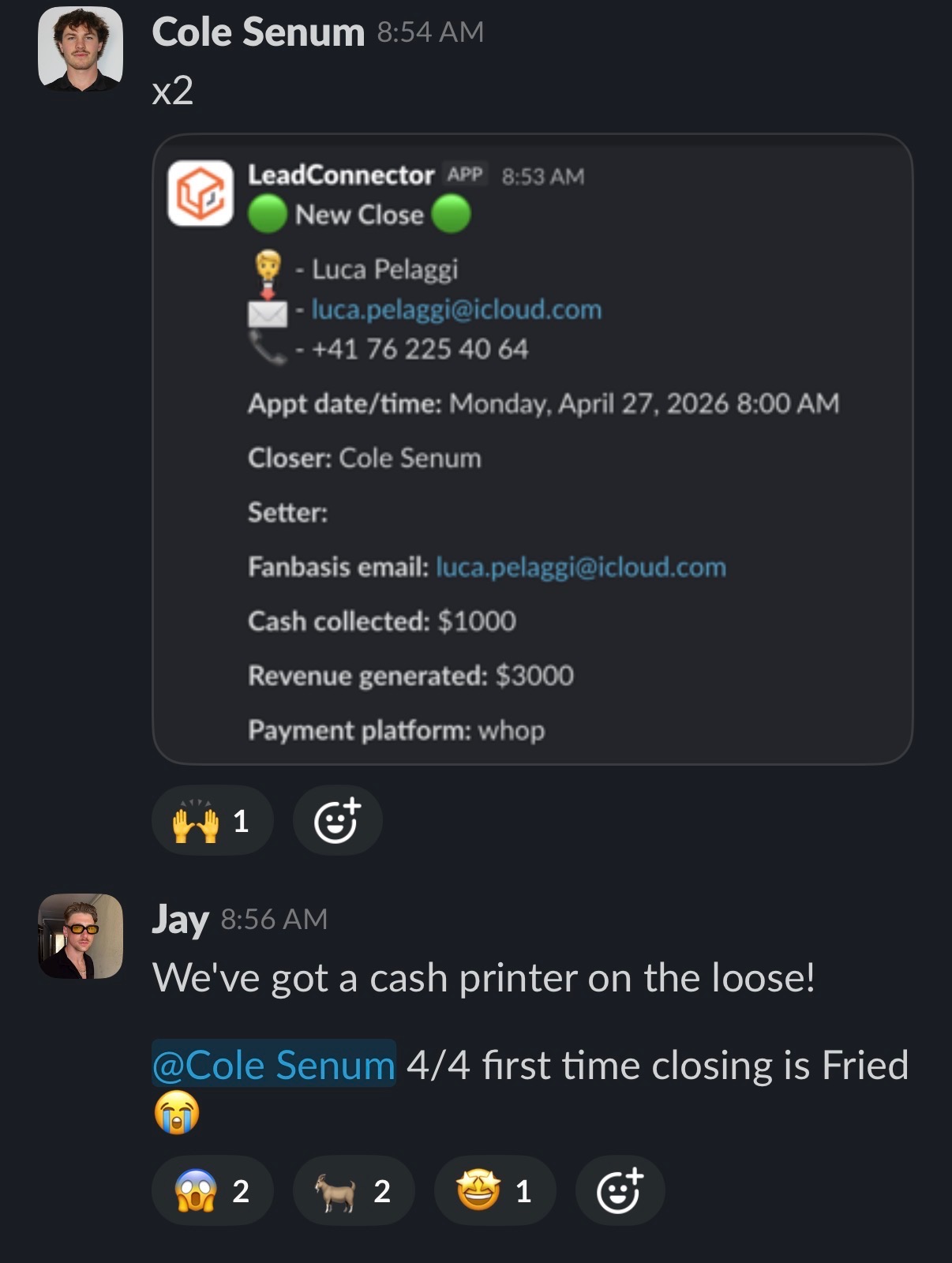 Cole Senum new $3,000 close